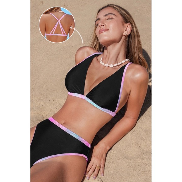 Cupshe Other - NEW Cupshe Sunset Swirl Black Bikini Set Strappy Back High Leg Size Small Beach
